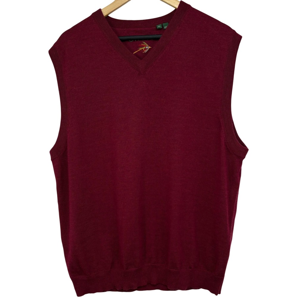 Orvis Mens XL Burgundy 100% Merino Wool V-Neck Sweater Vest Embroidered Fly Logo